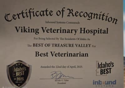 Viking Veterinary Hospital Certificate of Recognition
